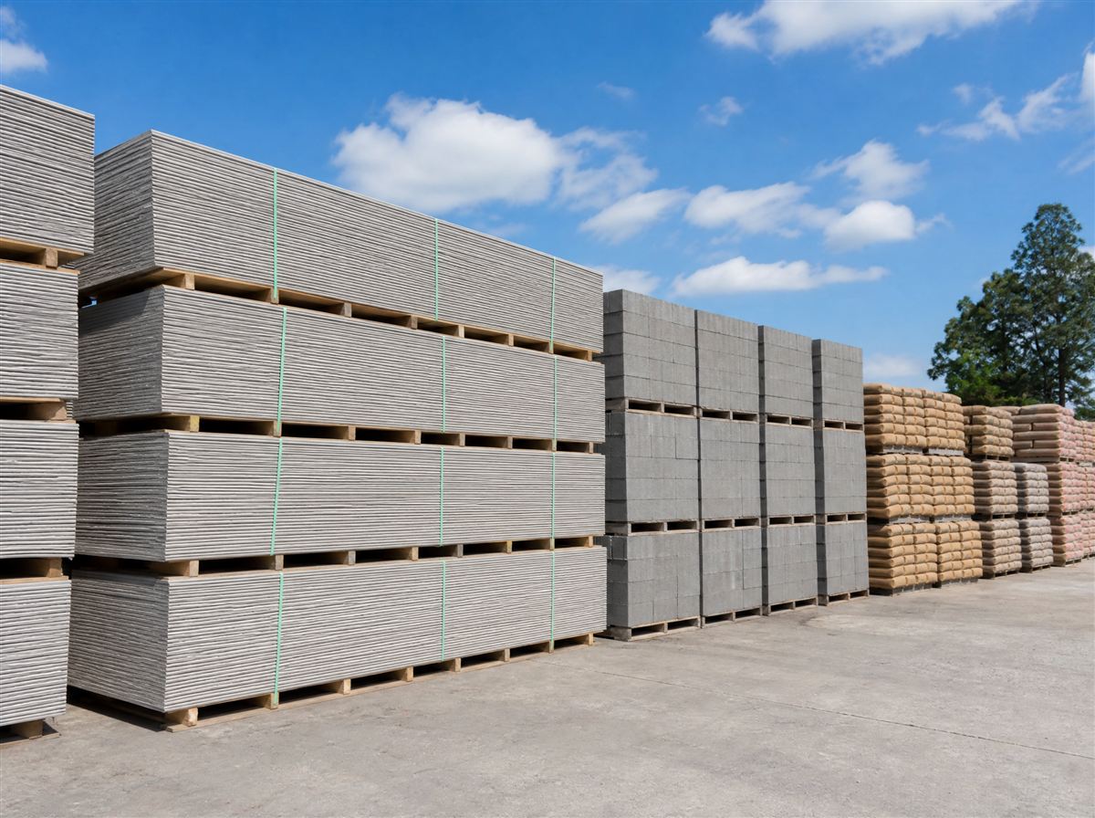 Pallets of building materials in a yard