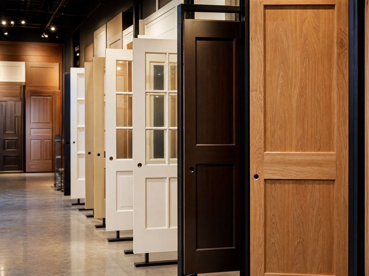 Rows of interior and entry doors on display