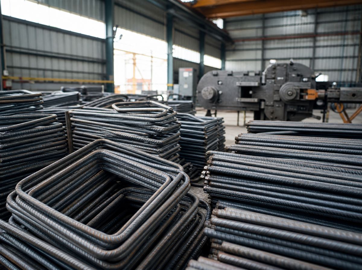 Custom-bent rebar in a fabrication shop