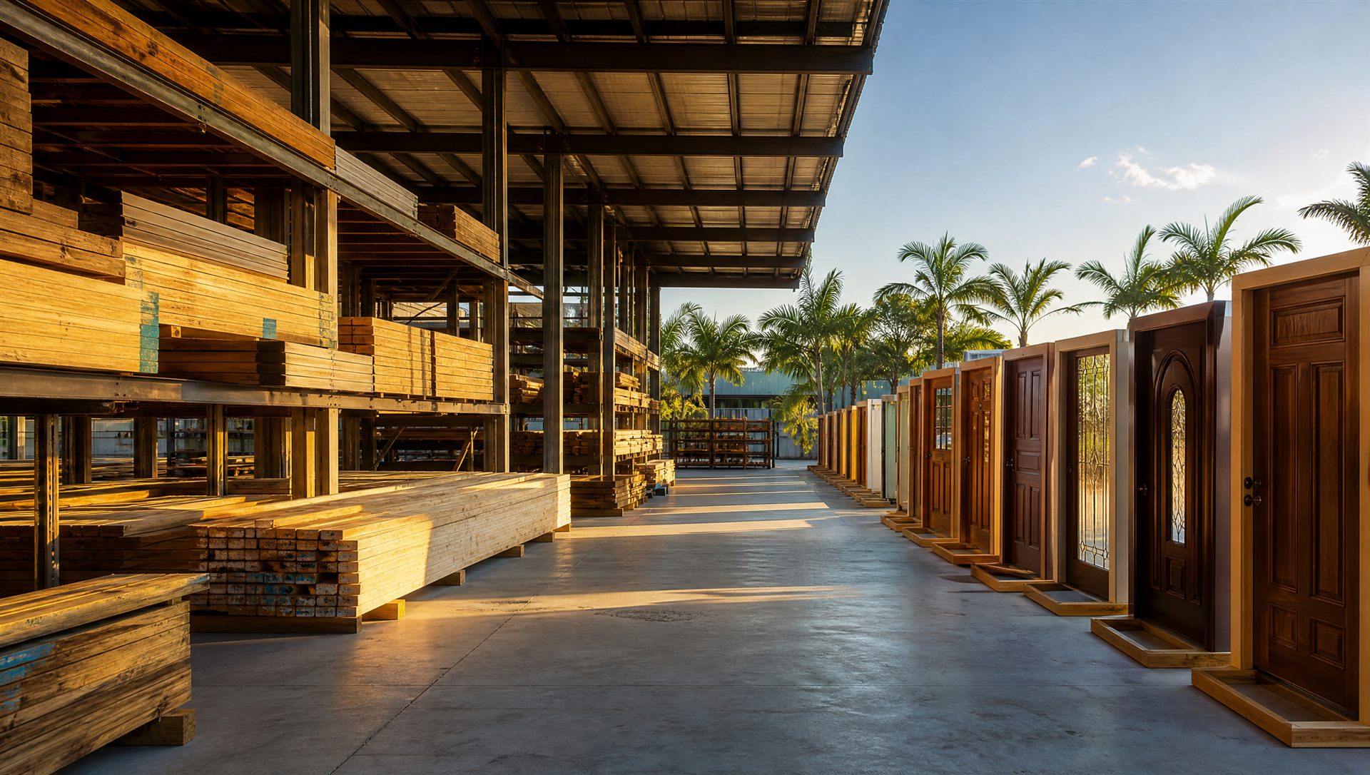 Lumber yard with racks of dimensional lumber and entry doors on display